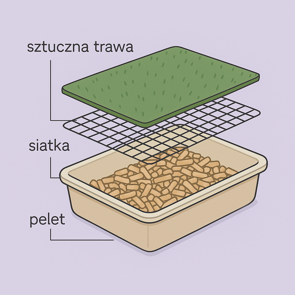 Schemat kuwety do nauki czystości szczeniaka ze sztuczną trawą, siatką i peletem