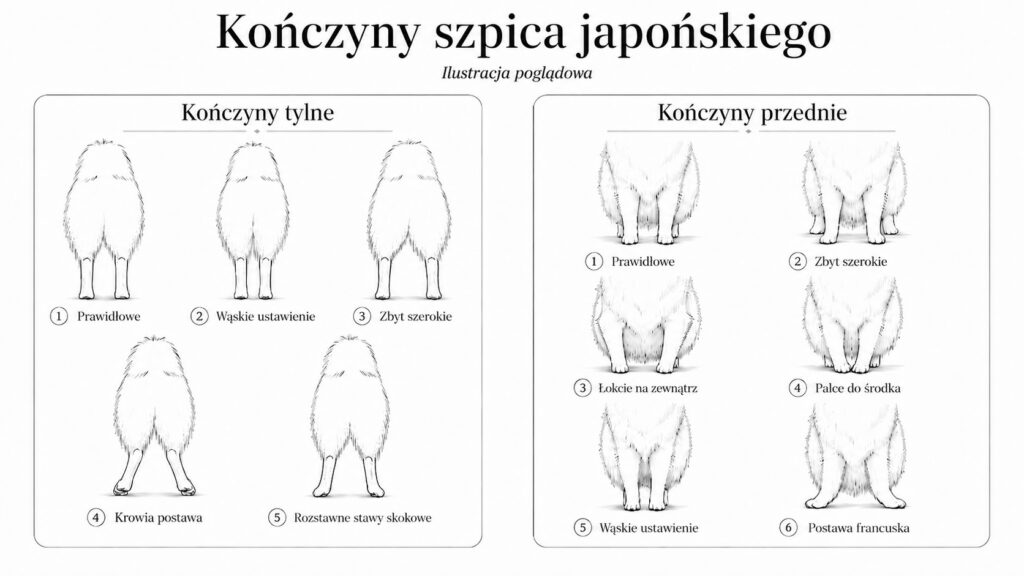 Ilustracja poglądowa kończyn przednich i tylnych szpica japońskiego - prawidłowe ustawienie oraz najczęstsze wady postawy