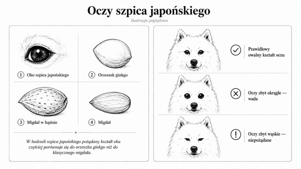 Ilustracja poglądowa kształtu oczu szpica japońskiego - prawidłowy owalny kształt jak orzeszek ginkgo oraz wady: oczy zbyt okrągłe i zbyt wąskie