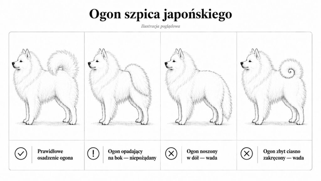 Ilustracja poglądowa ogona szpica japońskiego - prawidłowe osadzenie nad grzbietem oraz wady: ogon opadający, noszony w dół i zbyt ciasno zakręcony