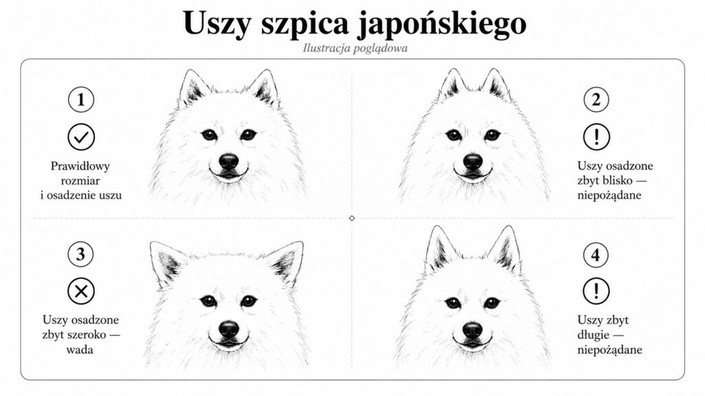 Ilustracja poglądowa uszu szpica japońskiego - prawidłowy rozmiar i osadzenie oraz wady: uszy zbyt blisko, zbyt szeroko i zbyt długie