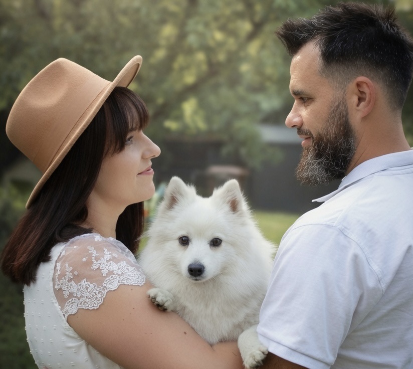 Biały szpic japoński na rękach właściciela z hodowli Byakko Kitsune