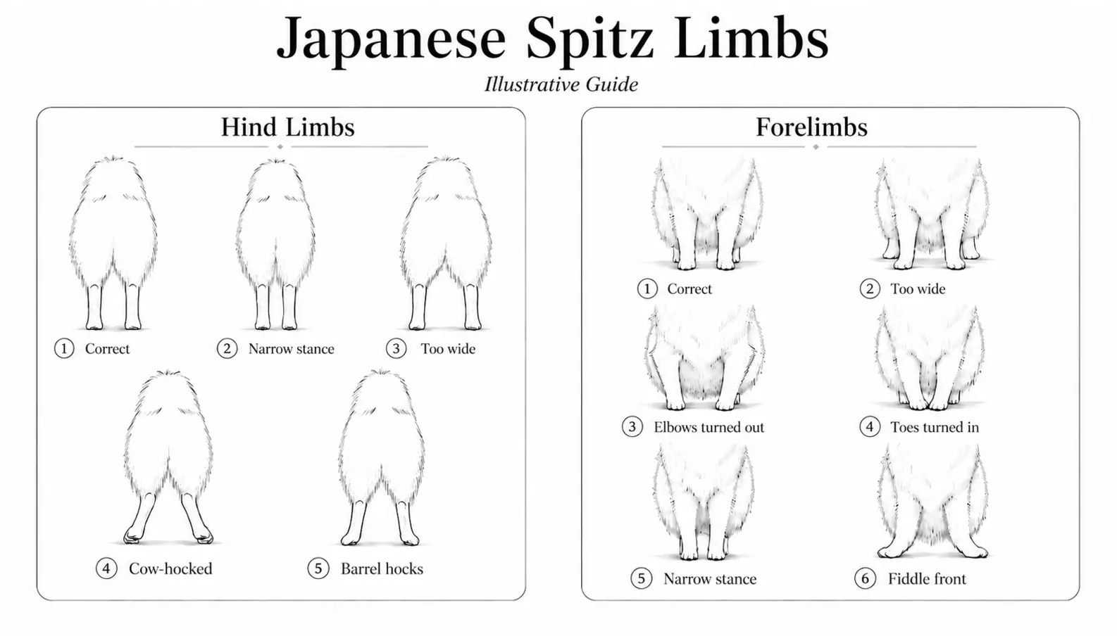 Illustrative diagram of the forelegs and hindlegs of a Japanese Spitz - correct conformation and most common postural faults
