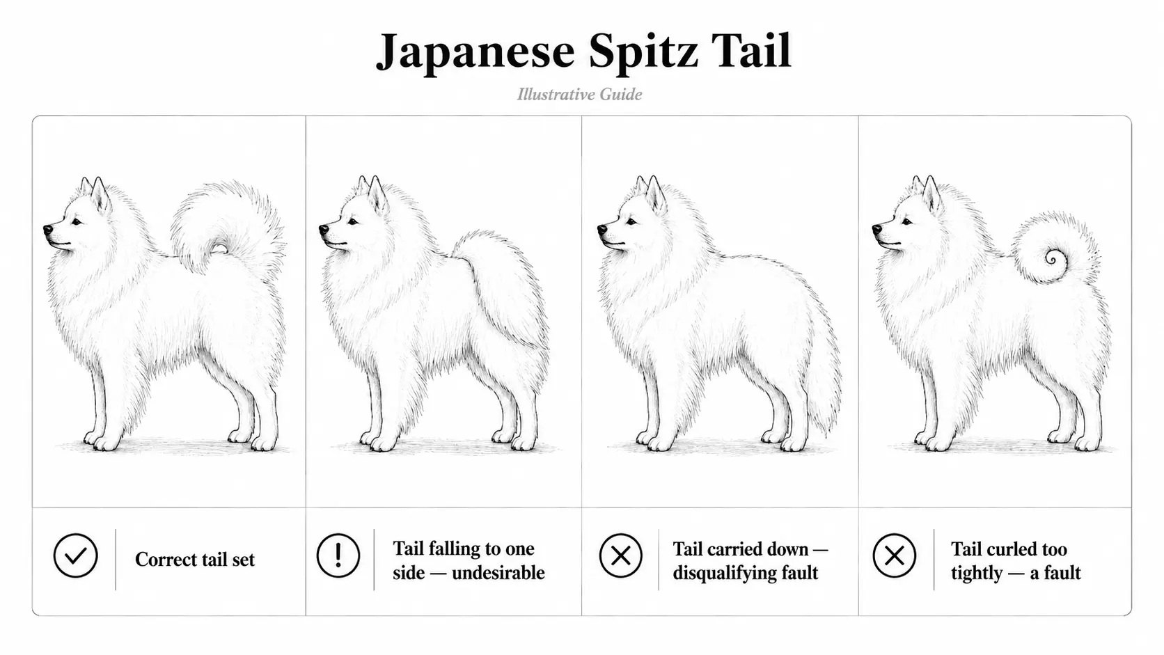Illustrative diagram of a Japanese Spitz tail - correct set over the back and faults: falling tail, carried downwards and curled too tightly