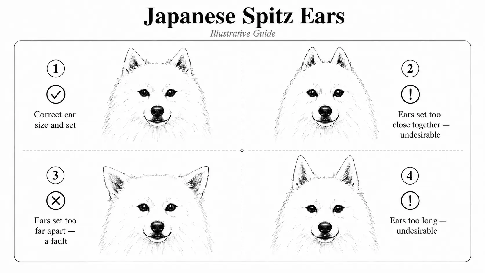 Illustrative diagram of Japanese Spitz ears – correct size and set, as well as faults: ears too close together, too far apart, and too long