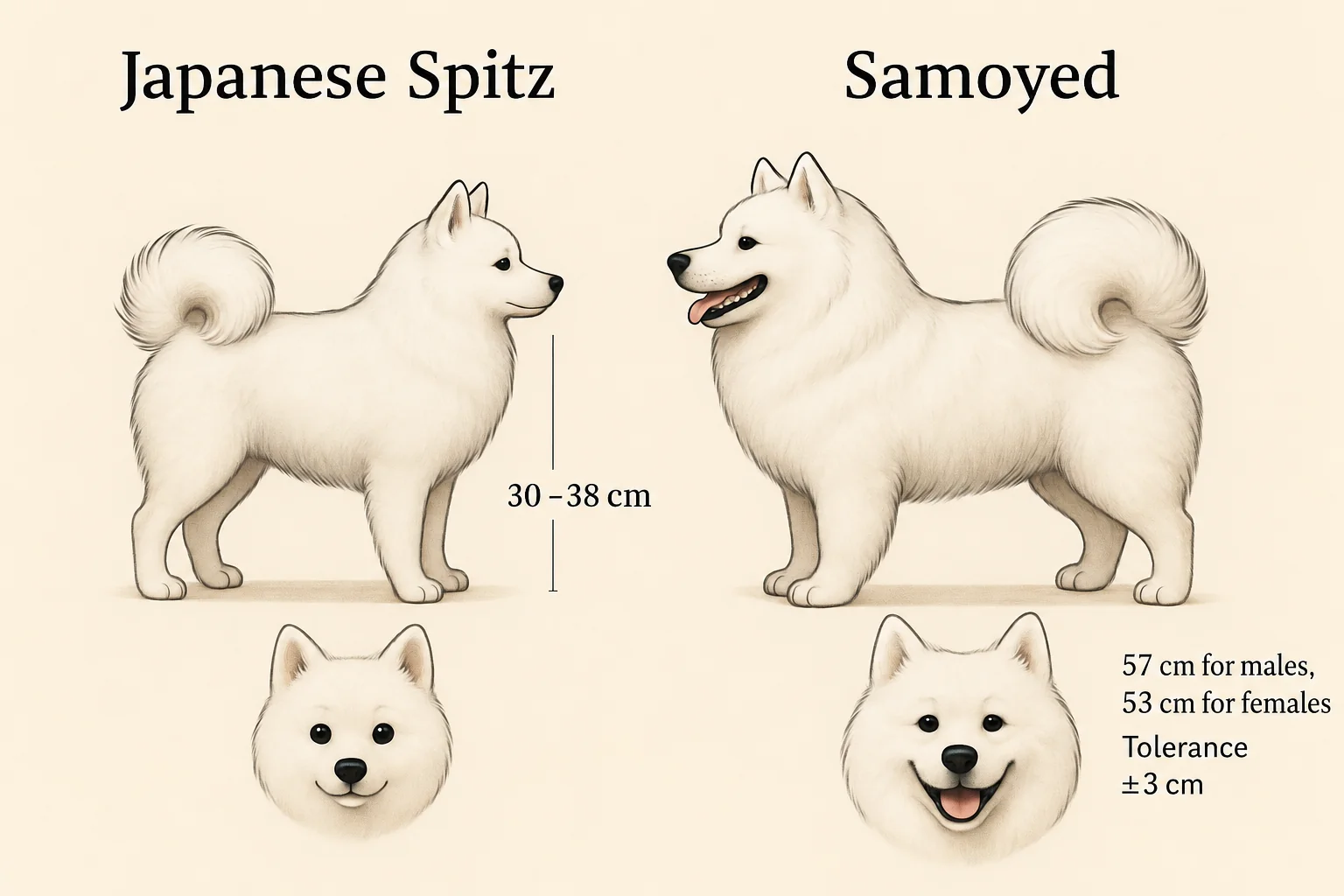 Comparison of the size and appearance of a Japanese Spitz and a Samoyed