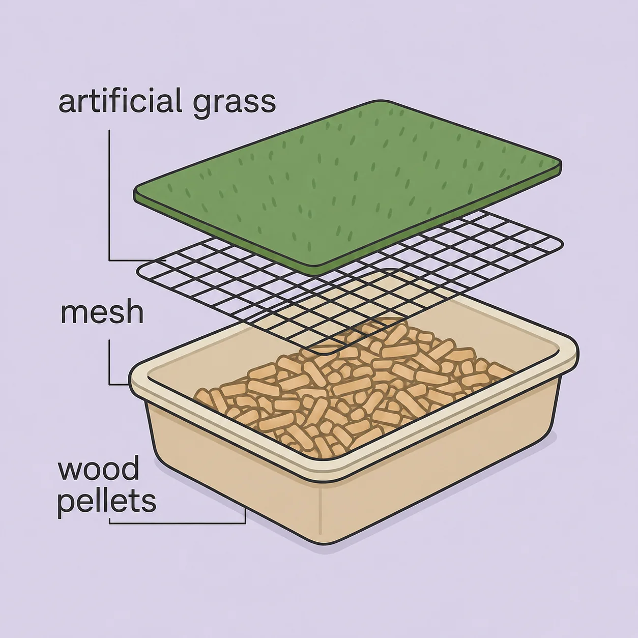 Puppy toilet training system with artificial turf, mesh and pellets
